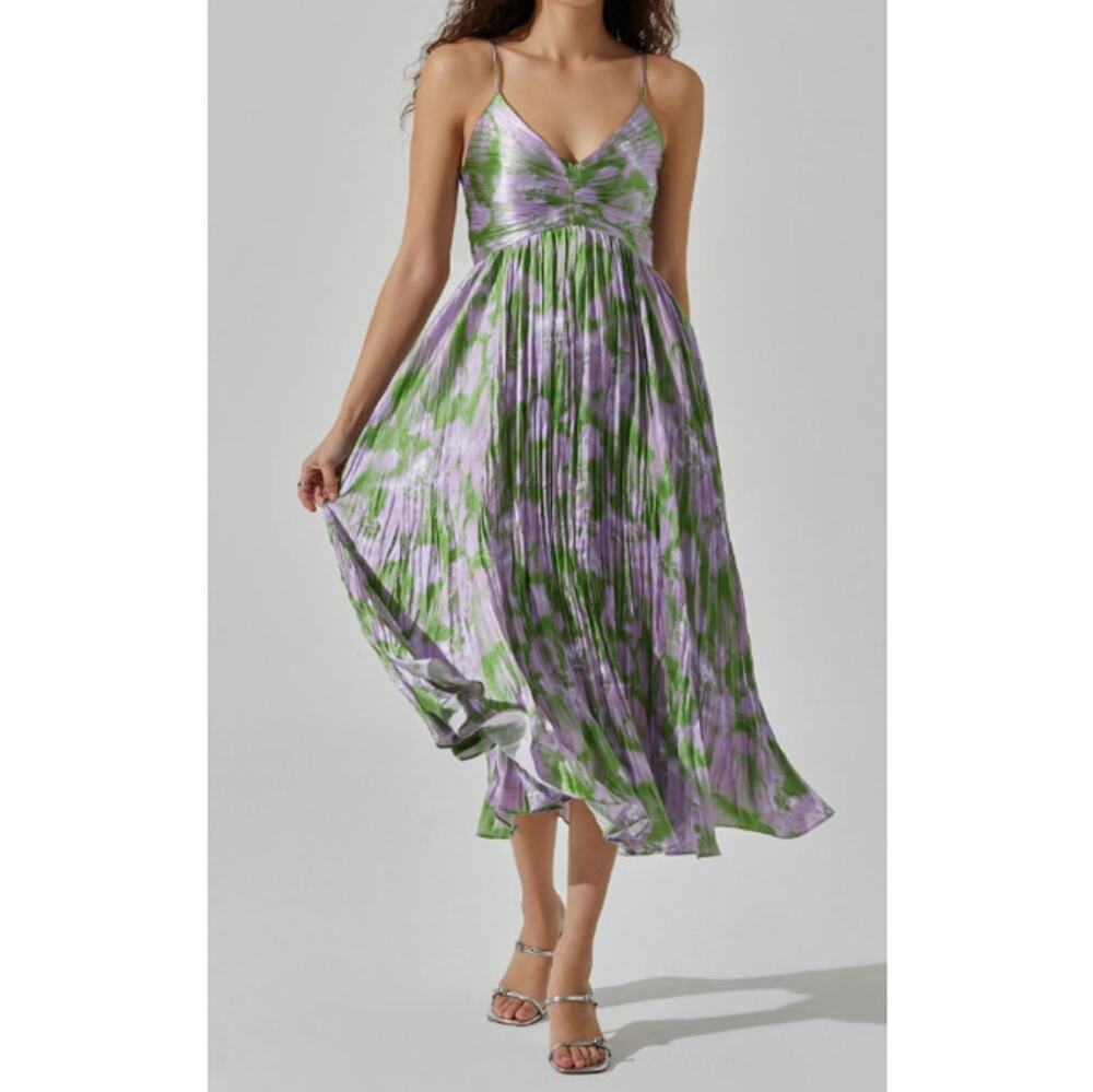 ASTR The Label Purple Green Abstract Maeve Pleated Midi Dress Size M